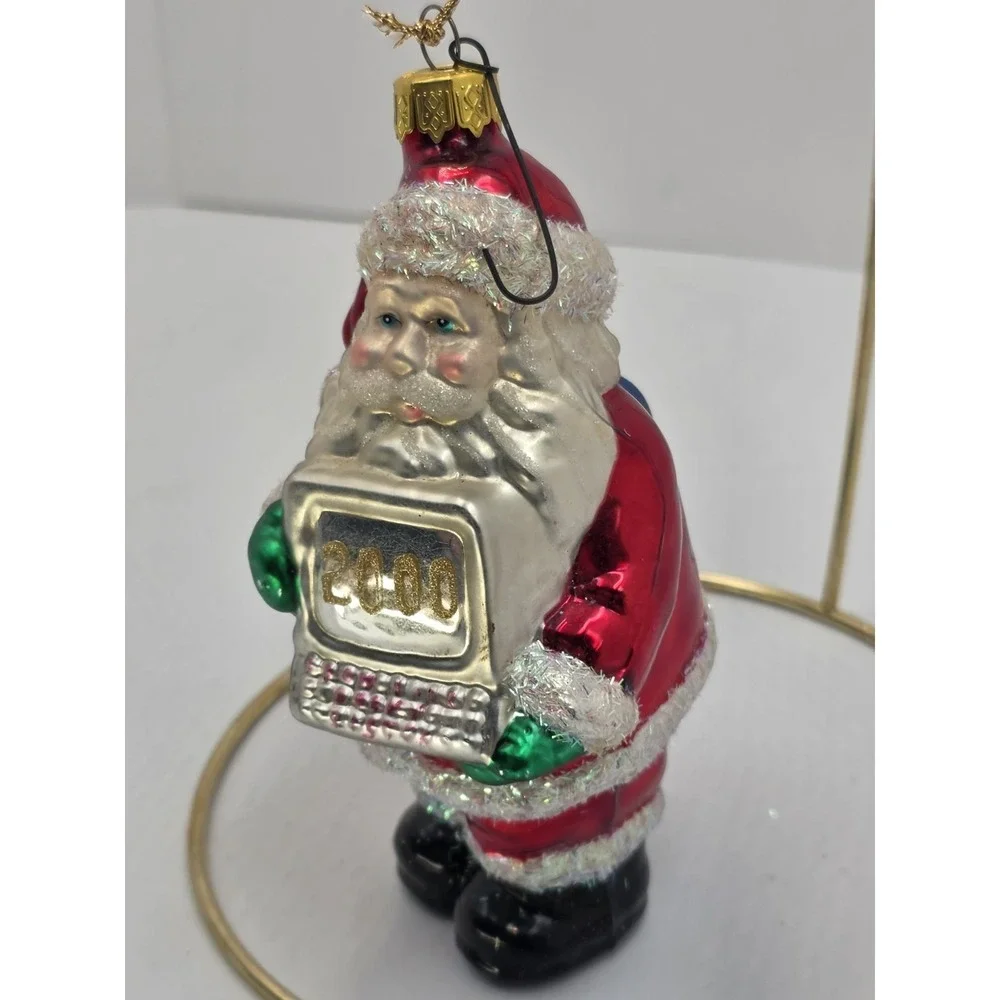 Slavic Treasures 2000 Santa Computer Glass Christmas Ornament Y2K Glitter Retro